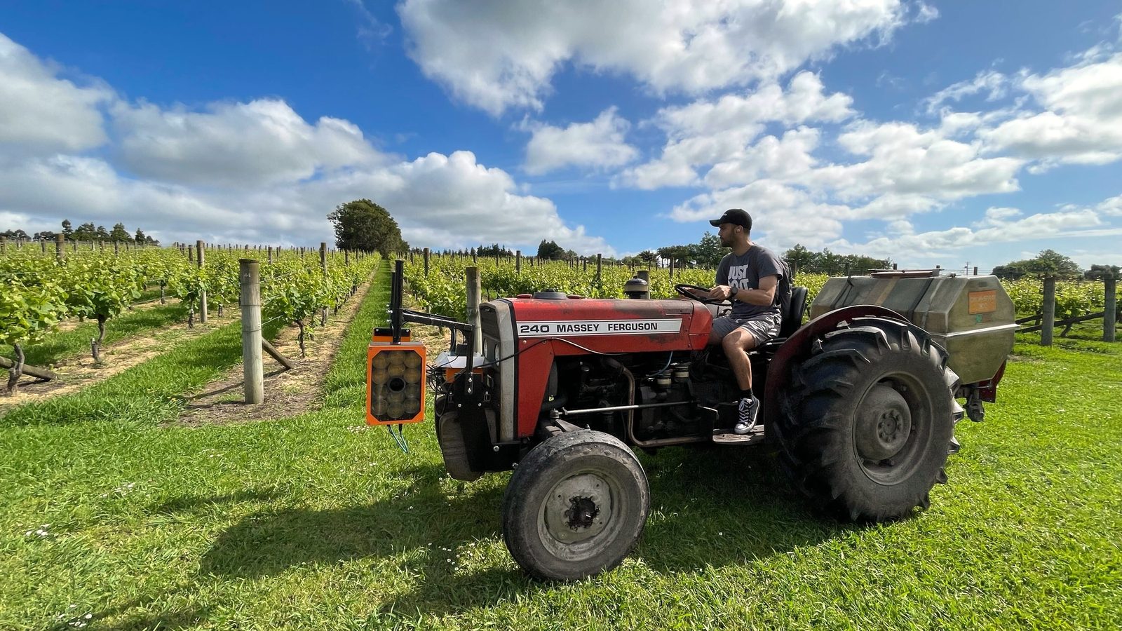 A red Massey Ferguson 240 tractor with a front-mounted orange Cropsy scanner driving between vine rows