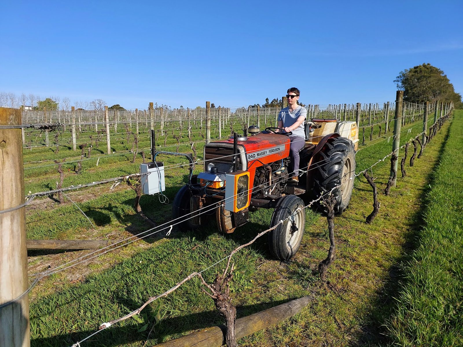 A scanner-fitted Massey Ferguson 240 tractor driving a grassed vine row on a clear day, sensor units mounted either side